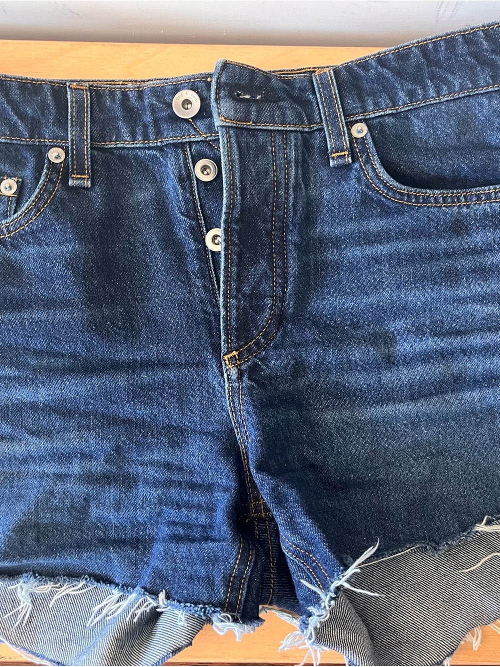 rag & bone Dark Blue Frayed Denim Shorts